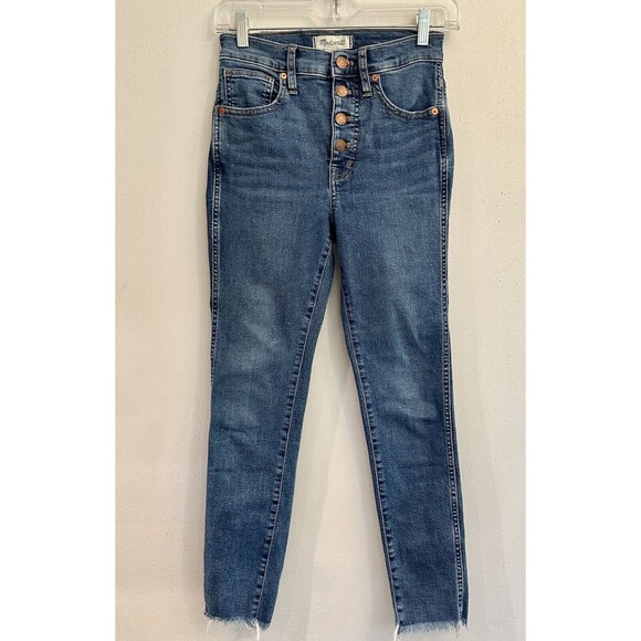 Madewell 10" High Rise Denim Jeans Size 25 Petite Blue Button Fly Raw Hem Skinny - Picture 3 of 16